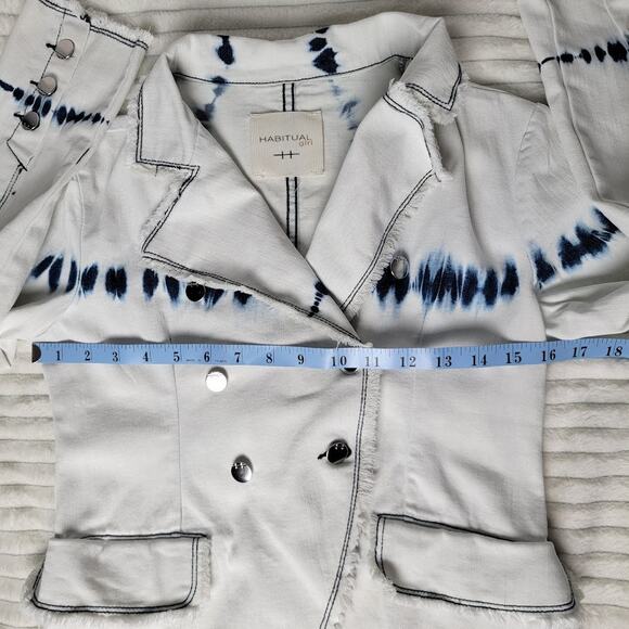 Habitual Girl Sz 12 White Blue Tie Dye Blazer Jacket Frayed Hem Double Breasted - Picture 5 of 12